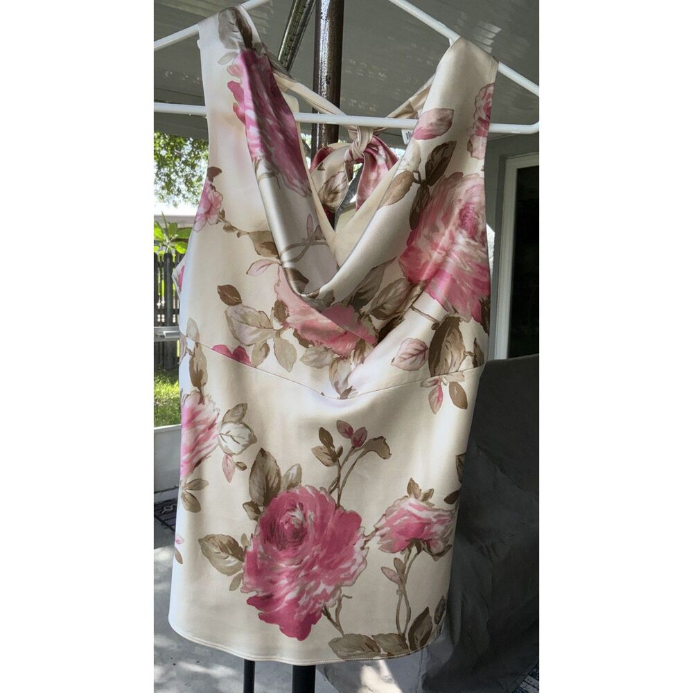 Sz XS Vintage Banana Republic Silk Cowl Neck Halter Zip Back Tie Ivory Pink Rose